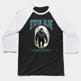 Bigfoot with Headphones Groovin to Stayin Alive Disco Baseball T-Shirt